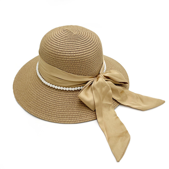 Wholesale Bow Pearl Sun Protection Straw Hat for Women, Summer Sunshade Versatile Hat