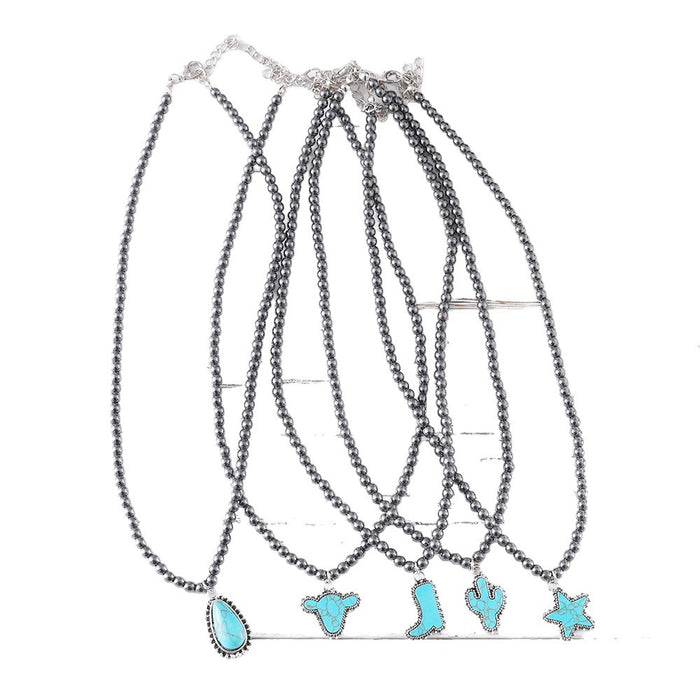 Wholesale Fashionable black round bead necklace for women,  cowboy boots with bull head and five-pointed star ornaments