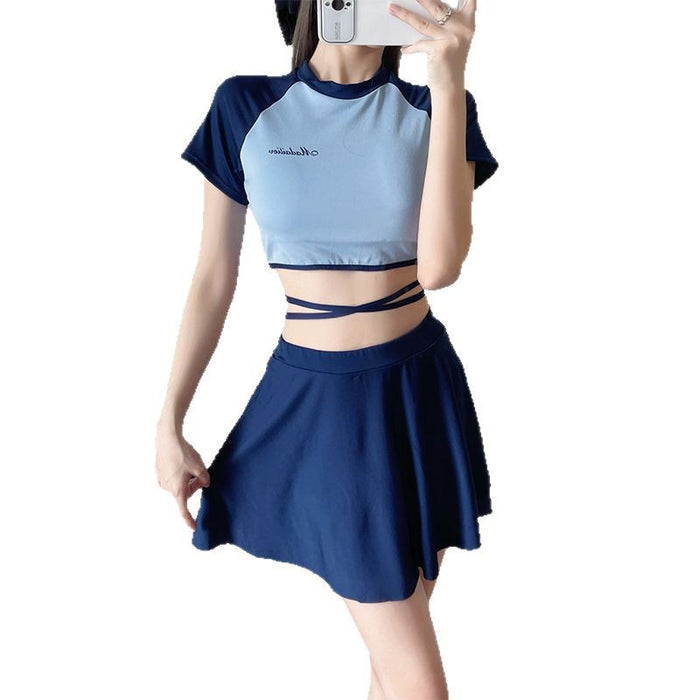 Wholesale Women's two-piece swimsuit set with color blocked short sleeves