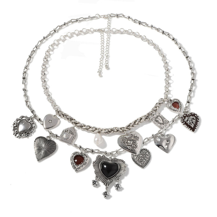 Wholesale Geometric Heart Pendant Double Layer Stacked Distinctive Chain Necklace Earrings Women