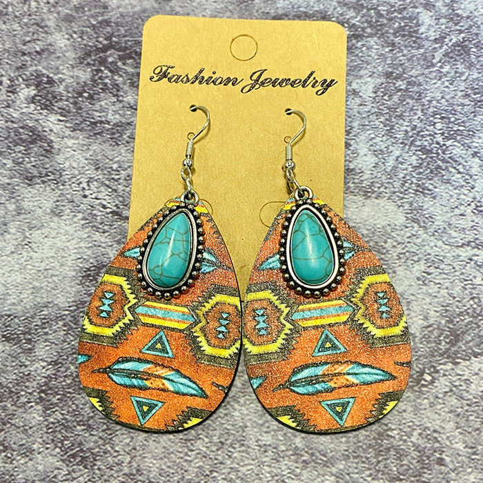 Wholesale Wooden earrings with vintage Aztec pattern water droplet earrings and classic patchwork earrings