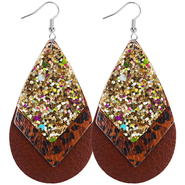 Wholesale Bohemian Style Multi-Layered Classic Leopard Print Sequin Women' s Leather Earrings Available in Multiple Colors