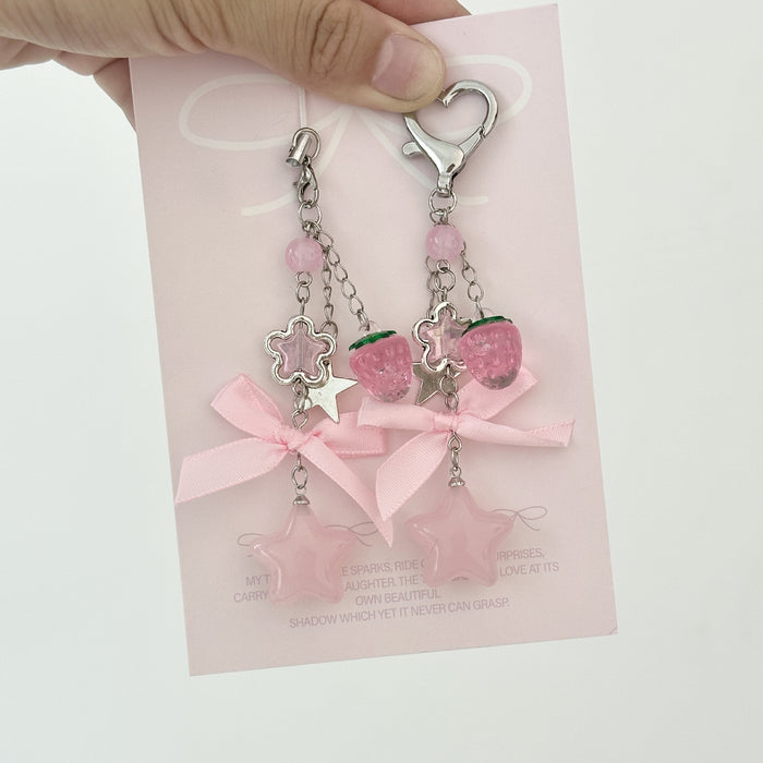 Wholesale Flower Star Beaded Mobile Phone Pendant Bag Strawberry Bow Keychain