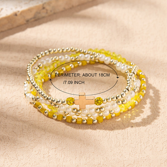 Wholesale Colorful Crystal Elastic Bracelets Ins Style Niche Stacked Cross Bracelet Set