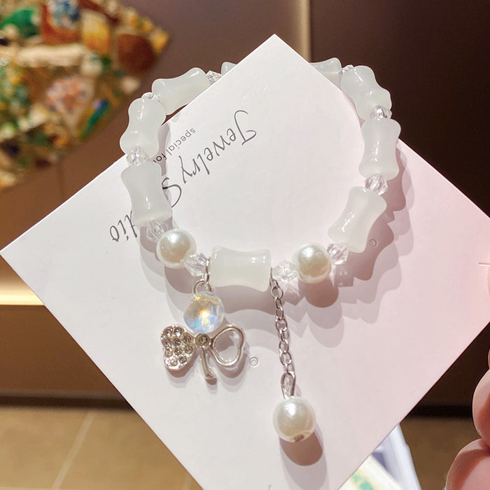 Wholesale Hand Beaded Powder Pink Bamboo Four Leaf Clover Bracelet MOQ≥2