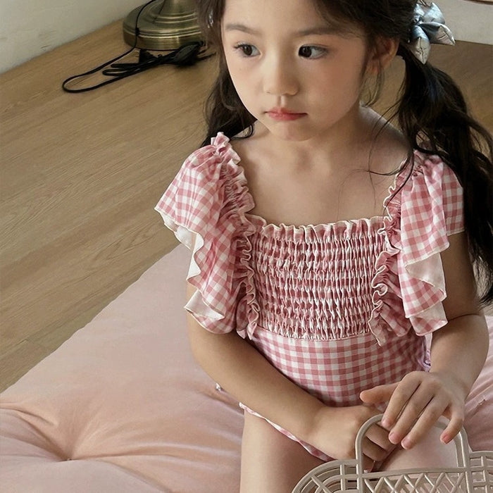 Wholesale Pink plaid lace one-piece swimsuit for vacation