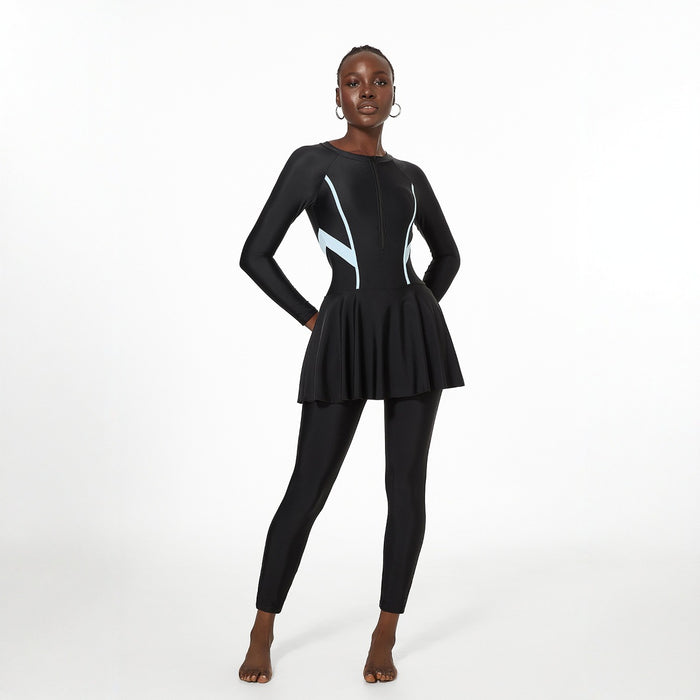 Wholesale Swimsuit with one-piece belly covering skirt, long sleeved pants, surfing one-piece swimsuit