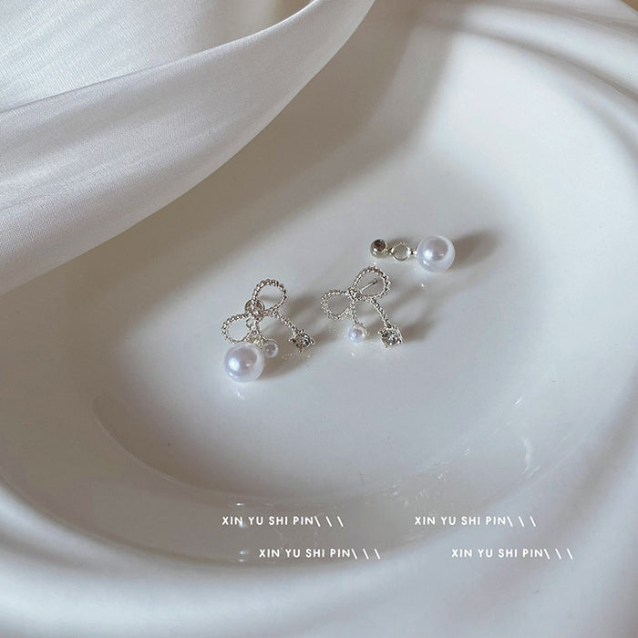Wholesale Butterfly Knot Pearl Zircon Earrings, Light Luxury, High End, Small and Exquisite Earrings, New Two Wear Earrings