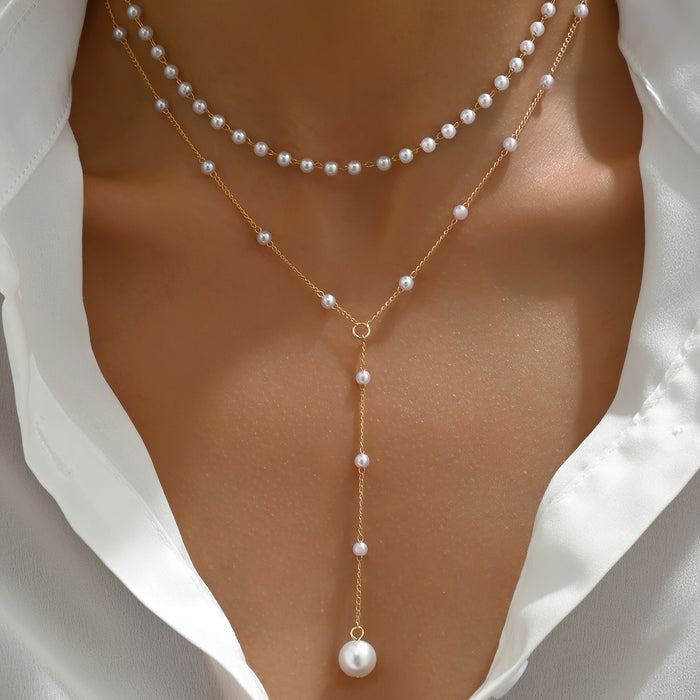 Wholesale Y-shaped Imitation Pearl Tassel Double-layer Necklace Accessories