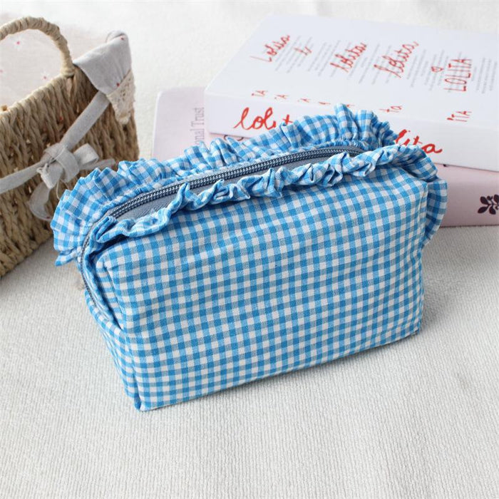Wholesale Trendy Black Plaid Pleated Lace Pencil Case Large Capacity Student Stationery Pouch Boutique Gift