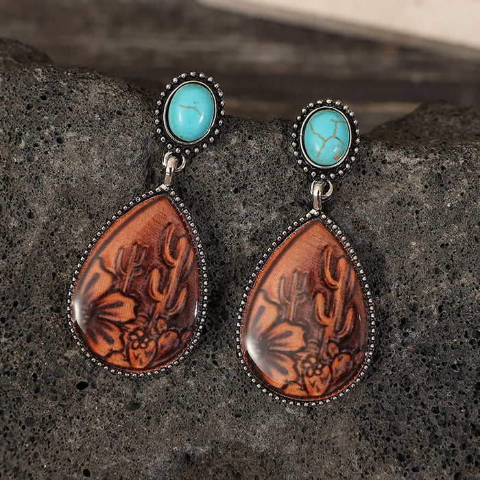 Wholesale Artistic retro ethnic style drop-shaped brown turquoise alloy earrings