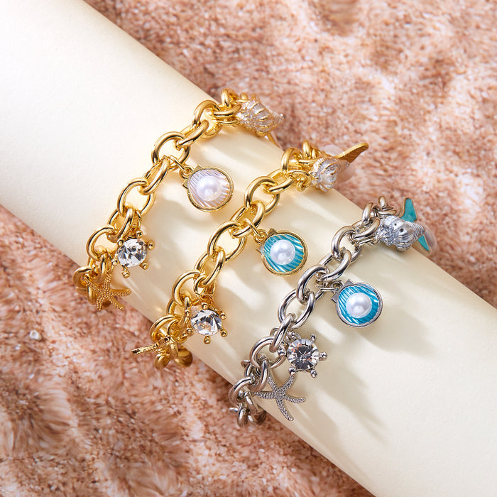 Wholesale Ocean Seashell Starfish Pearl Necklace and Bracelet Set Alloy Electroplated Fashion Accessory