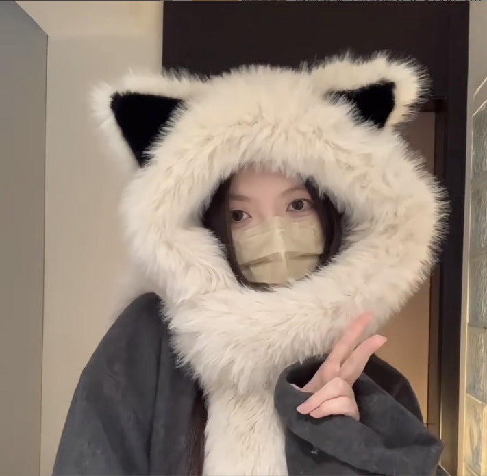 Wholesale Thickened anti cold plush fox ear hat, women's winter scarf in one new style for warmth