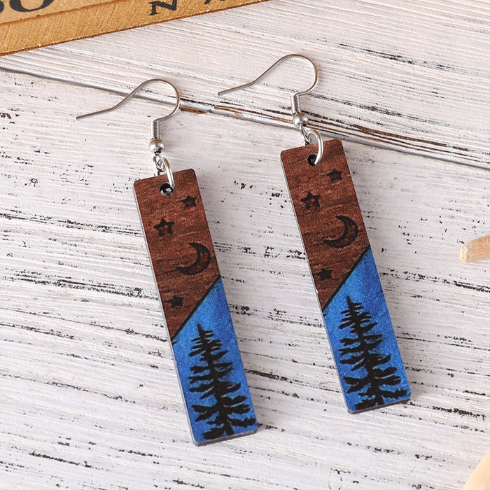 Wholesale Pine Tree Star Moon Rectangular Geometric Pendant Earrings Women' s Wooden Double-Sided Earrings