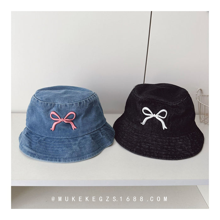 Wholesale Children's denim fisherman hat with bow embroidery trendy children's baby sun hat