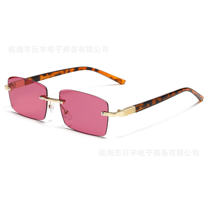 Wholesale Wood grain temple metal frameless sunglasses, irregular square trendy sunglasses