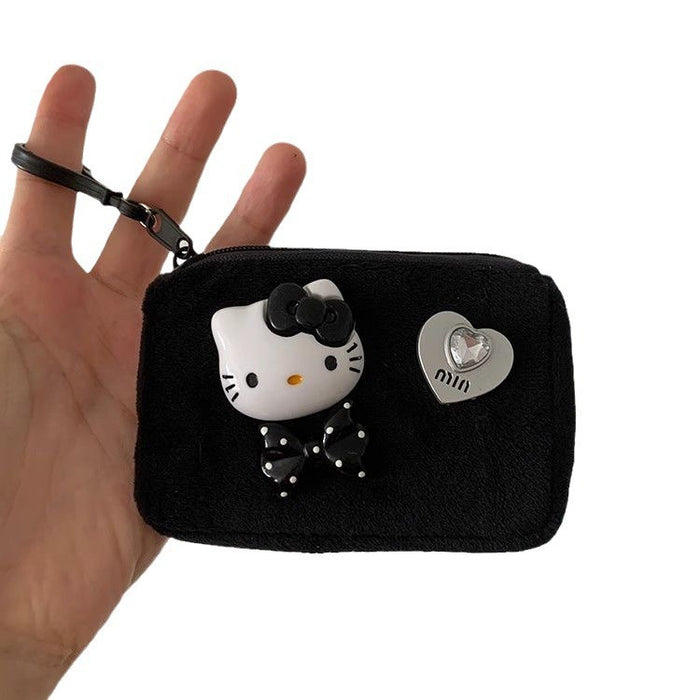 Wholesale Plush Cat Coin Purse Bag Charm Soft Polyester Cute Black Bow Design Zipper Closure