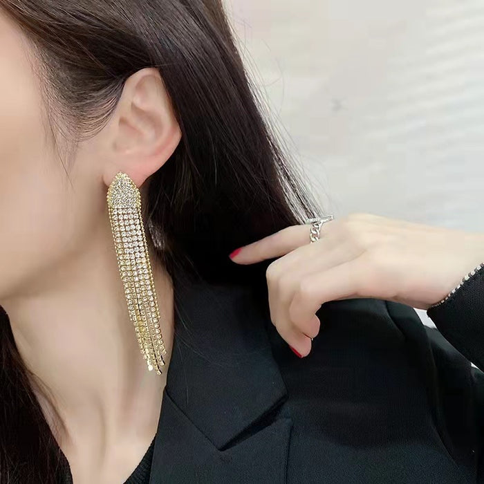 Wholesale  Long Tassel Geometric Triangle Full Drill Earrings Ear Clips S9225 Needle