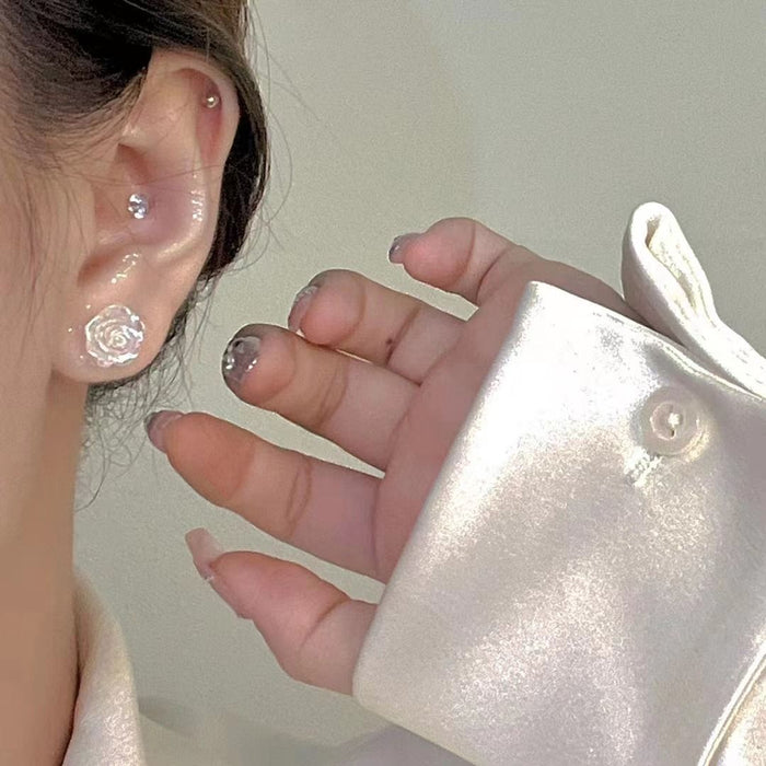 Wholesale Silver Needle White Camellia Ear Studs Female Niche All-match ins Ear Pole Rose Earrings