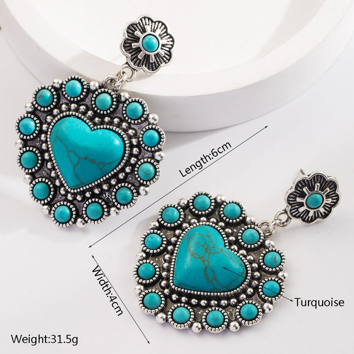 Wholesale Vintage alloy antique silver plated earrings with turquoise heart-shaped pendants