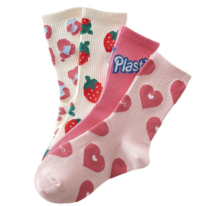 Wholesale Pink letter love strawberry socks, children's fashionable and versatile cute long socks, mid tube socks