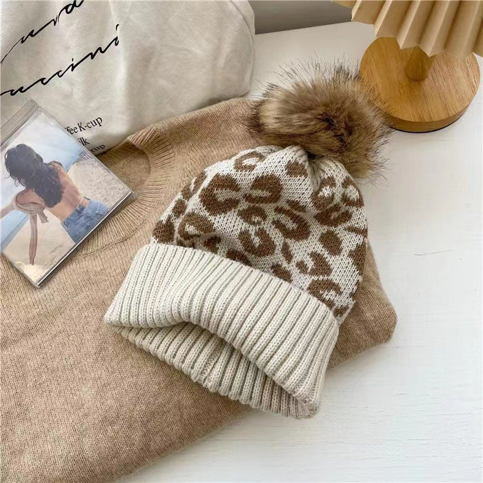 Wholesale Leopard Print Curled Wool Ball Knitted Hat Women' s Hat Outdoor Warm Thickened Men' s Woolen Hat Trend