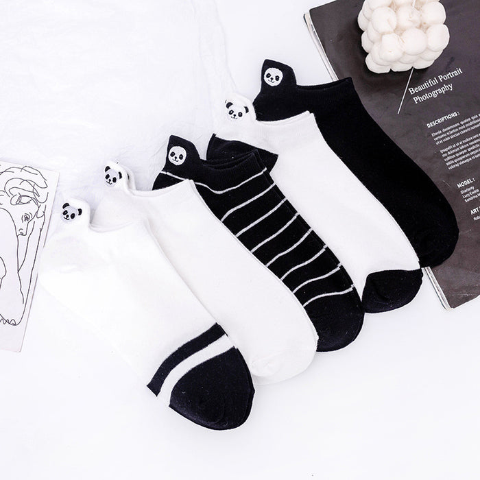 Wholesale Embroidered invisible socks, black and white striped boat socks, cartoon cotton short tube socks