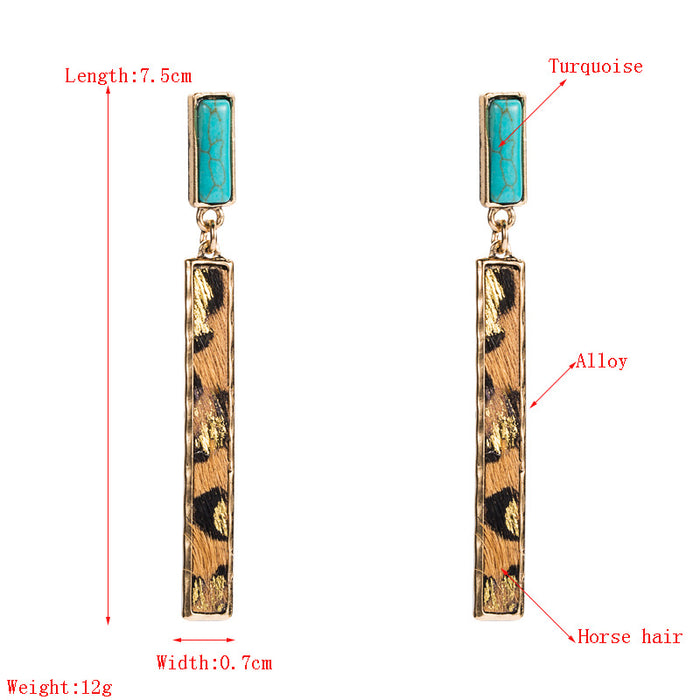Wholesale Exaggerated long leather and alloy earrings set with turquoise
