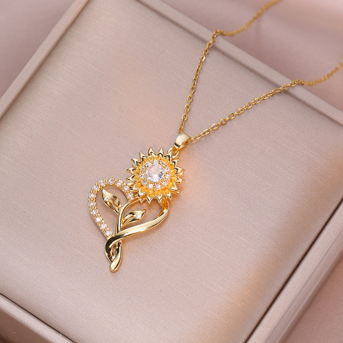 Wholesale Necklace Flower Sunflower Love Necklace Heart shaped Sunflower Rotating Micro inlaid Zirconium Clavicle Chain
