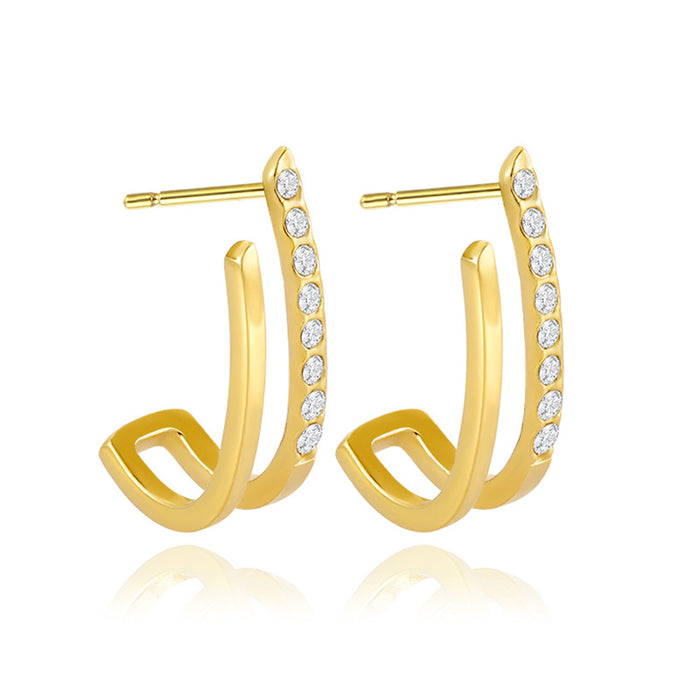 Wholesale Retro style hollow gold lines circular stainless steel earrings electroplated with diamond studded metal earrings