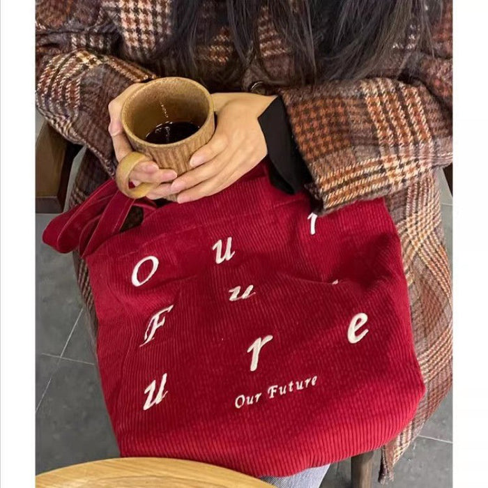 Wholesale Bright red corduroy retro shoulder bag for women versatile large capacity embroidered simple tote bag for women