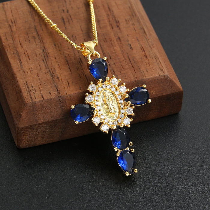 Wholesale Copper Gold Plated Micro-Inlaid Zircon Our Lady Cross Pendant Necklace JDC-NE-BaiTian007