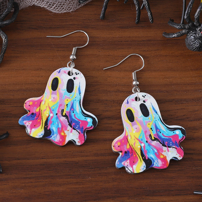 Wholesale  cute western cowboy hat painted ghost pendant earrings wooden double-sided earrings