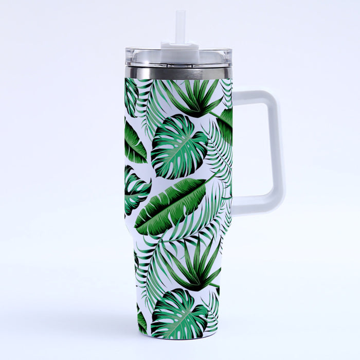 Wholesale Amazon Cross-Border 40oz Tropical Leaf Ice Cup Stainless Steel Thermal Insulation Car Cup Large Capacity with Handle