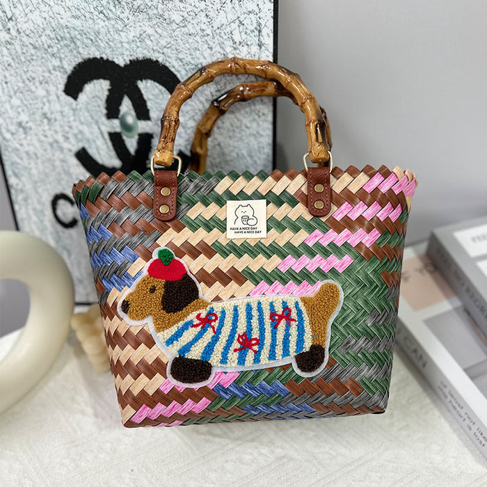 Wholesale Dachshund Striped Straw Bag Retro Woven Vegetable Basket Small Square Bag Commuter Tote Bag Shoulder Bag Cross-Border