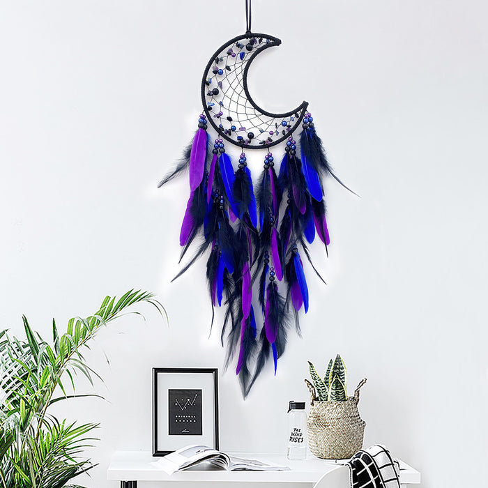 Wholesale Handwoven Iron Feather Dreamcatcher Luna Tribe Blue Purple Moon Design Boho Decorative MOQ≥2