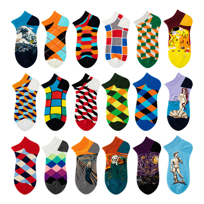 Wholesale Spring Summer Unisex Couple Geometric Colored Socks Cotton Men's Boat Socks Plaid Diamond Grid JDC-SK-CG001