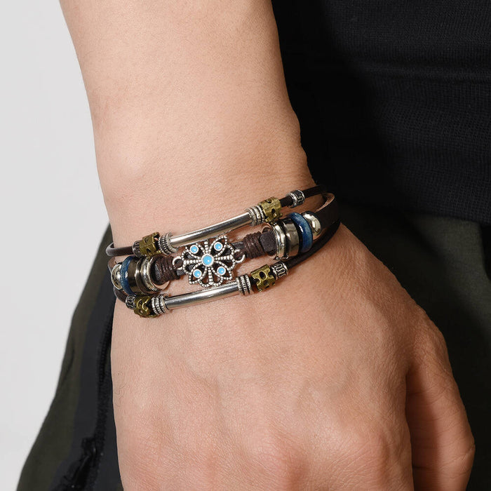 Wholesale Lace multi-layer leather stainless steel bracelet for couples