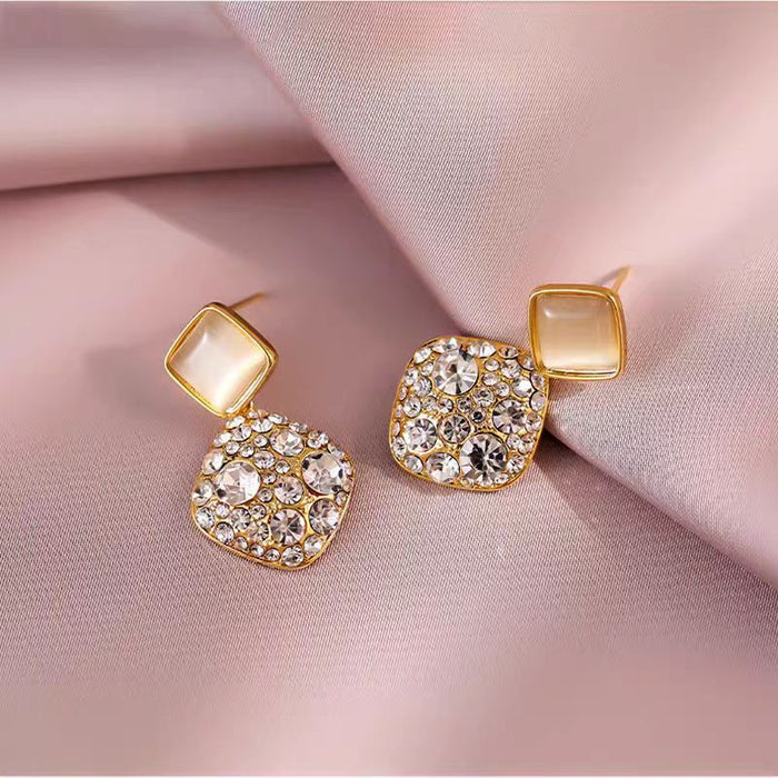 Wholesale New full diamond square earrings, simple and versatile, light luxury style earrings, niche earrings