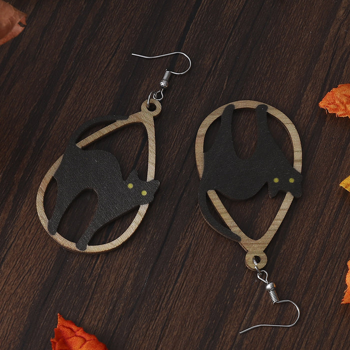 Wholesale  Black Cat Hollow Drop-Shaped Pendant Earrings Wooden Gothic Style Double-Sided Earrings Gift