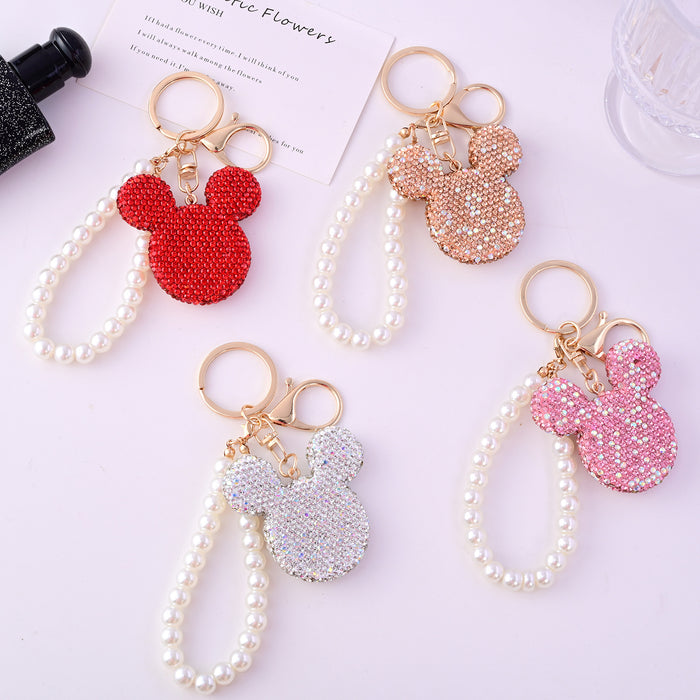 Wholesale  bear keychain full diamond pearl chain key