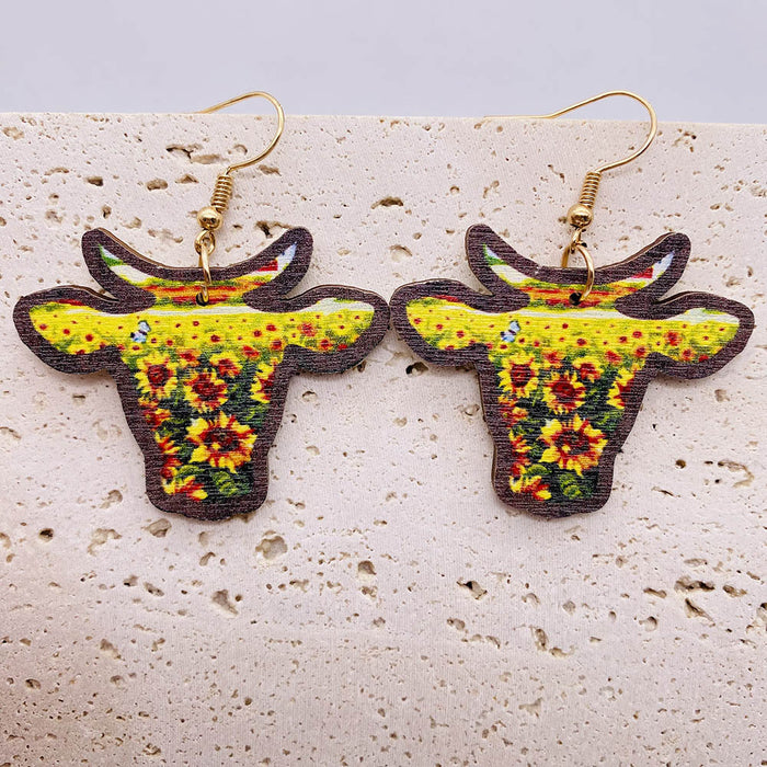 Wholesale Western Bull Head Sunflower Wooden Earrings JDC-ES-Chengy033