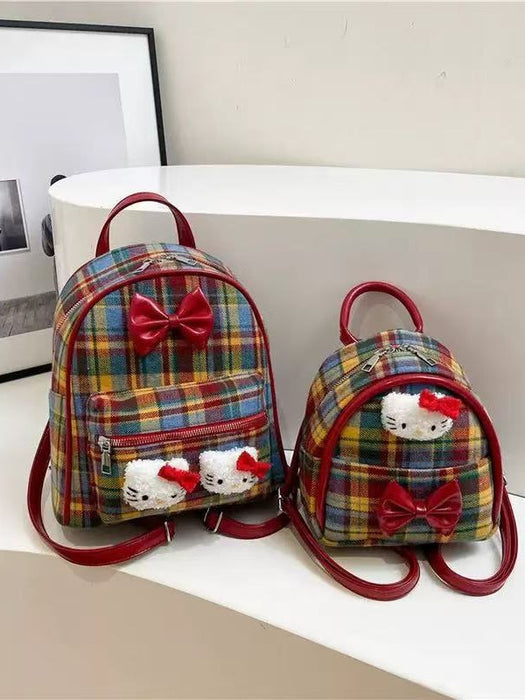 Wholesale Vintage Red Bow Plaid Cute Cat Backpack Bags