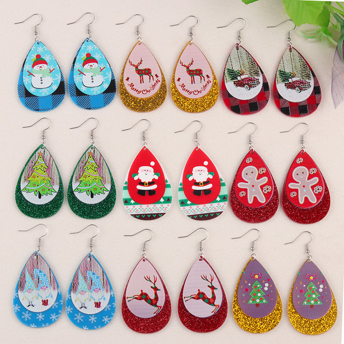 Wholesale Christmas glitter acrylic earrings Sika deer Christmas tree old man drop shaped earrings jewelry