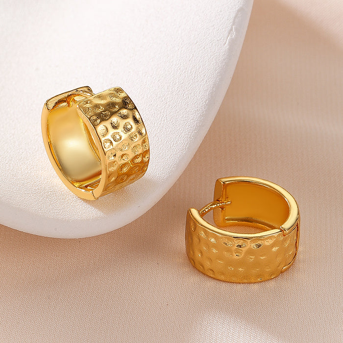 Wholesale Wrinkled ears with irregular texture and wide retro earrings, copper plated with real gold material