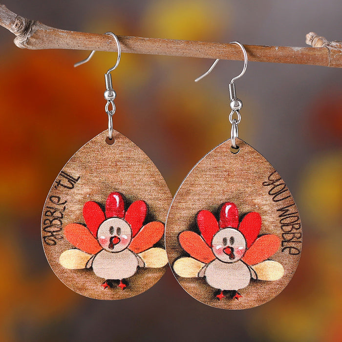 Wholesale Thanksgiving Funny Turkey Pendant Earrings Wooden Autumn Harvest Thanksgiving Double-Sided Earrings Gift