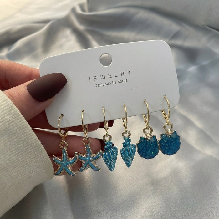 Wholesale Ocean Themed Seashell Starfish Earrings Set 3 Pairs Fashion Accessories MOQ≥2