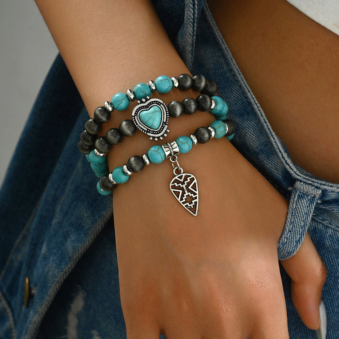 Wholesale Heart-shaped Bohemian style turquoise 3-piece multi-layer bracelet set
