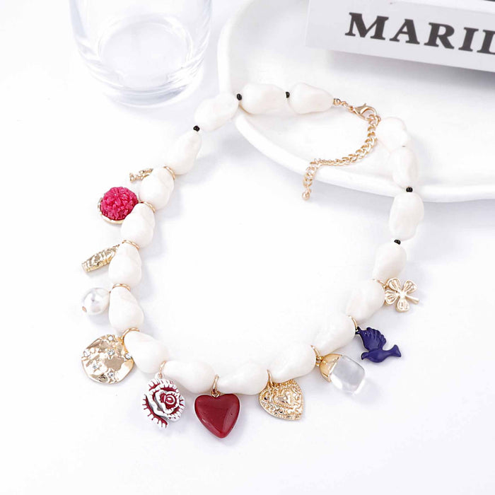 Wholesale Imitation Pearl Oil Dropping Alloy Love Insect Flower Pendant Women's Clavicle Chain