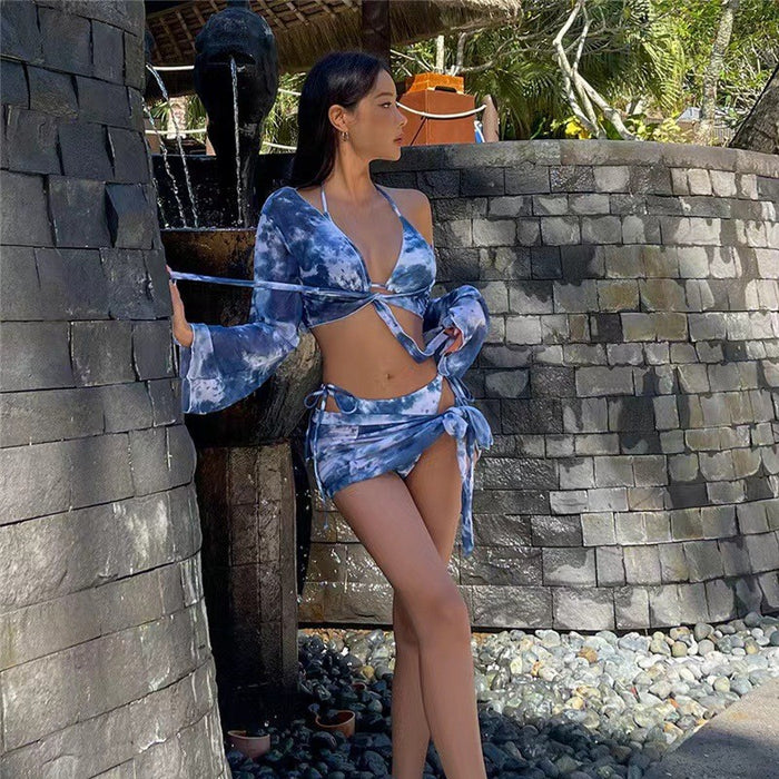 Wholesale Split tie dye swimsuit sexy long sleeved four piece bikini swimsuit